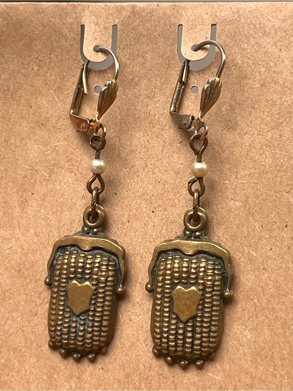 Vintage Brass Dangle Earrings with Heart Detail